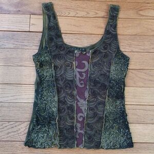 Mezon Olive and Burgundy Lace Trim Top